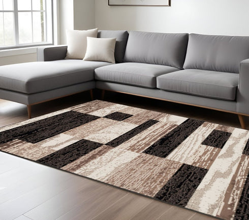 12' Black Brown And Beige Patchwork Runner Rug